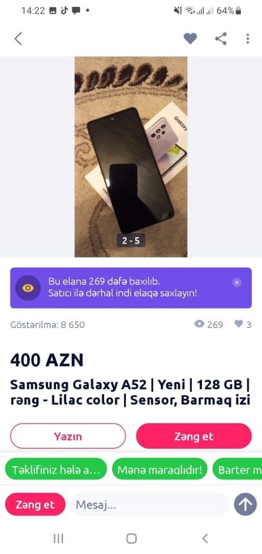 samsung a52 qiymeti optimal: Samsung Galaxy A52 | 128 GB | rəng - Lilac color | Sensor, Barmaq izi