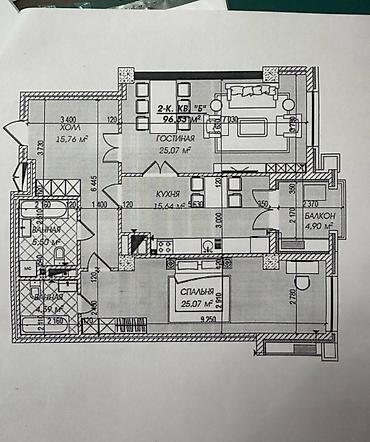 комнаты ыссык куль: 2 комнаты, 96 м², Элитка, 7 этаж, ПСО (под самоотделку) — 2