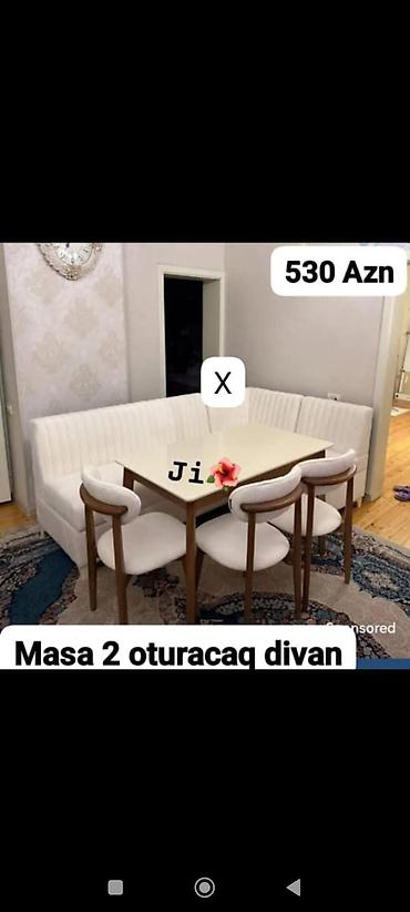 Yemək otağı üçün dəst: - Masa + 2 oturacaq + künc divan - Rəng: ağ