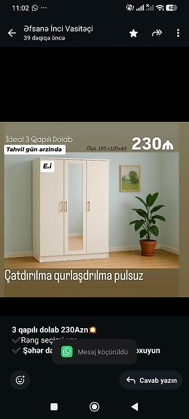 Sifarişlə mebel: *3 qapılı dolab 230Azn💥* ✔️Rəng seçimi var ✔️ *Şəhər daxili — 1