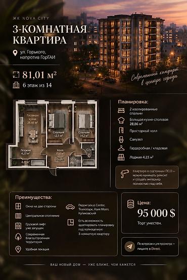 горгаи: 3 комнаты, 81 м², 6 этаж, ПСО (под самоотделку) — 1
