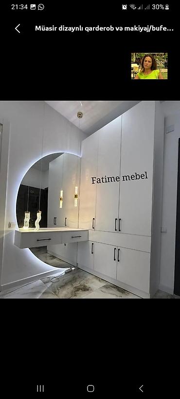 Müasir dizaynlı qarderob və makiyaj/bufet mebel dəsti. Dəst ağ