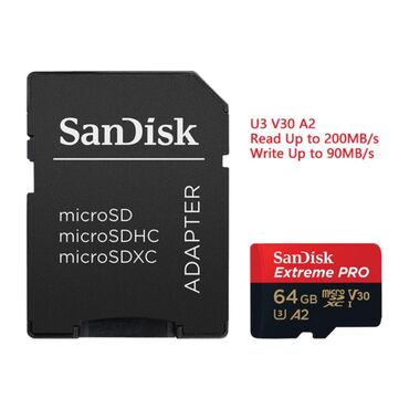 micro cart: Orijinal Sandisk Extreme PRO 64GB, 200mb/s yaddaş kartı və Adapteri