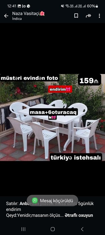 bag mebeli satilir: Новый, Прямоугольный стол, 6 стульев, Нераскладной, Со стульями, Пластик