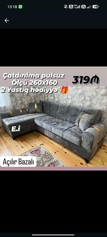 Künc divan – açılır bazalı model. - Ölçü: 260x160 sm - Rəng: boz