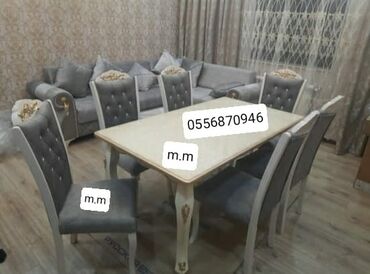 Masa və oturacaq dəstləri: Qonaq otağı üçün, Yeni, Açılan, Dördbucaq masa, 6 stul — 8