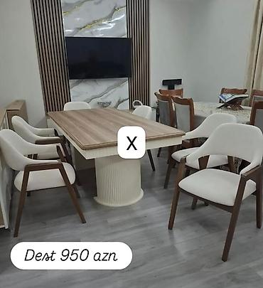 Yemək otağı dəsti - Masa: taxta teksturalı, düzbucaqlı üstlük;