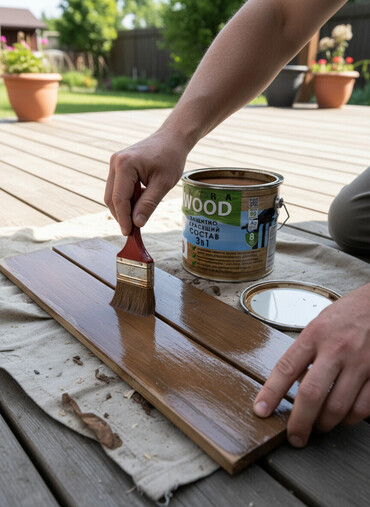 лаки: Защитный красящий состав Extra Wood 3 в 1. Содержит молекулы льняного