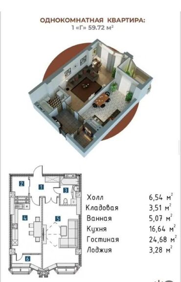 продам квартиру французский квартал бишкек: 1 комната, 60 м², Элитка, 8 этаж, ПСО (под самоотделку)