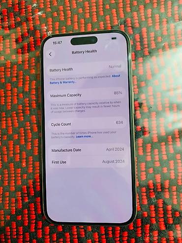 Уюлдук телефондор жана аксессуарлар: IPhone 15 Pro, Колдонулган, 128 ГБ, Күмүш, Каптама, 85 % — 10