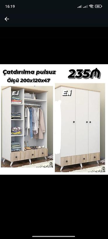 kitab refi modelleri: Ağ rəngli 3 qapılı geyim şkafı - Ölçü: 200×120×47 sm - Dizayn: ağ — 1