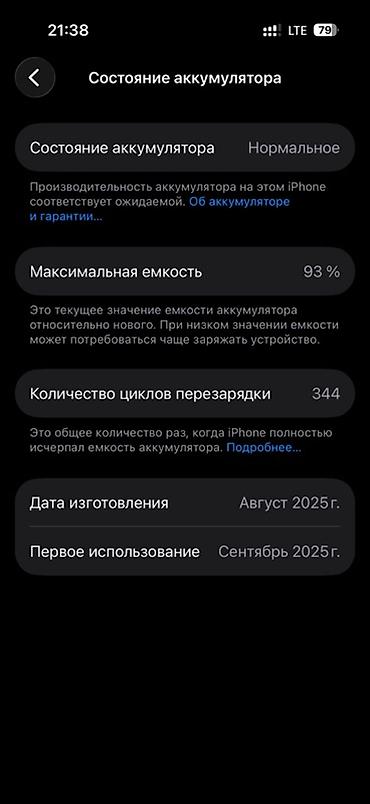 apple 16e: IPhone 17 Pro, Б/у, 256 ГБ, Синий, Зарядное устройство, Защитное стекло, Кабель, 93 % — 2