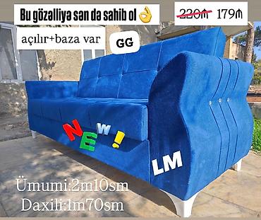 Mavi rəngli yumşaq parça üzlü 3 nəfərlik divan. Xüsusiyyətlər: -