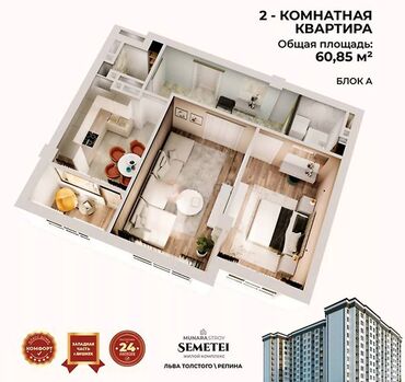 2 комнаты, 60 м², Элитка, 3 этаж, ПСО (под самоотделку)