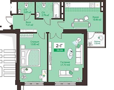 2 комнаты, 60 м², 4 этаж
