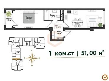 мадина кв: 1 комната, 51 м², ул. Алматинка / Чуй Элитка, 15 этаж, ПСО (под самоотделку) — 1