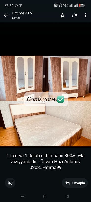 tek neferlik yataq gence: 1 taxt və 1 dolab satılır cəmi 300₼. Əla vəziyyətdədir. Ünvan Həzi