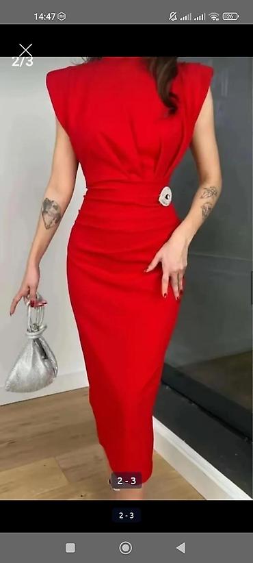 Qadın geyimləri: Qırmızı midi don – zərif və eleqant siluet - Model: bel vurğulu — 1