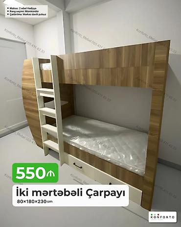 tekli carpayi: İki mərtəbəli çarpayı – 80×180×230 sm - Material: ağ və ağac — 1