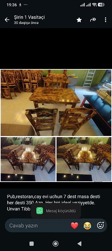 Restoran mebeli: Pub,restoran,cay evi uchun 7 dest masa desti her desti 350 Azn. Her — 1