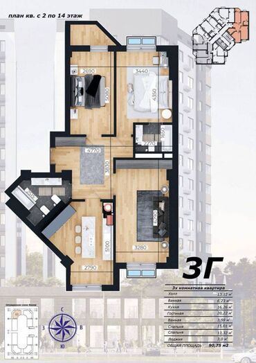 Продажа квартир: 3 комнаты, 91 м², Элитка, 8 этаж, ПСО (под самоотделку)