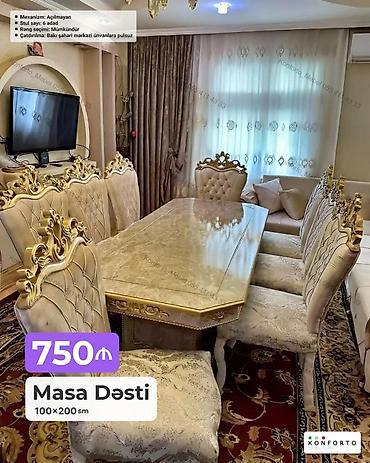 Masa dəsti – klassik dizayn - Ölçü: 100×200 sm masa - Stul sayı: 6
