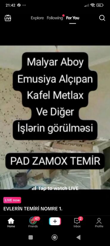 Döşəmə işləri: Malyar, aboy, emulsiya, alçıpan, kafel, metlax, laminat və digər ev — 2