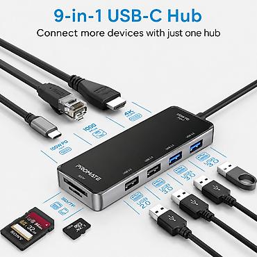 №: 16344 Məhsulun adı: USB hub Promate Compact 9-in-1 Grey Brend