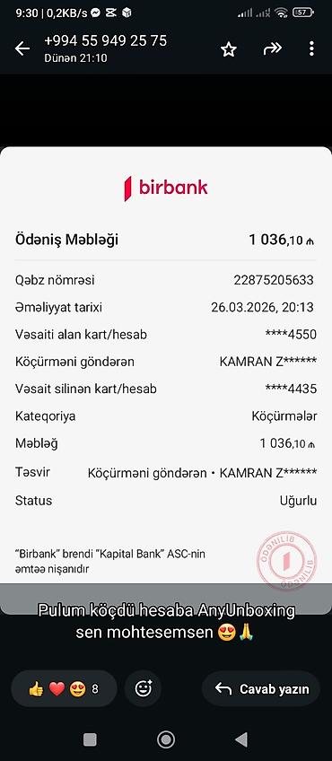 cek printeri: Xidmət: Birbank vasitəsilə elektron pul köçürməsi Təsvir: - Birbank — 1