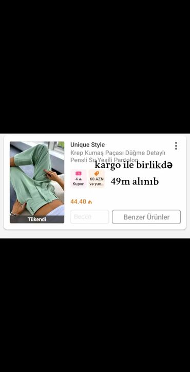stok: Şalvarın öz qiyməti 45 manat kargo pulu ile birlikdə 50 manata