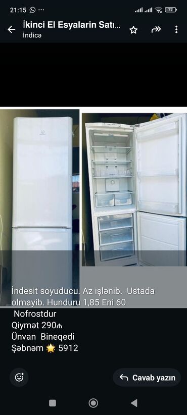 Polo köynəklər: İşlənmiş 2 qapılı Indesit Soyuducu Satılır, rəng - Ağ