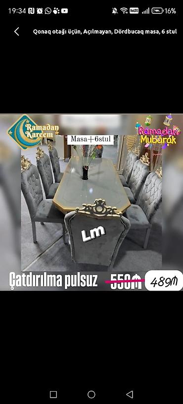 tek stolar: Qonaq otağı üçün, Yeni, Açılmayan, Dördbucaq masa, 6 stul — 1