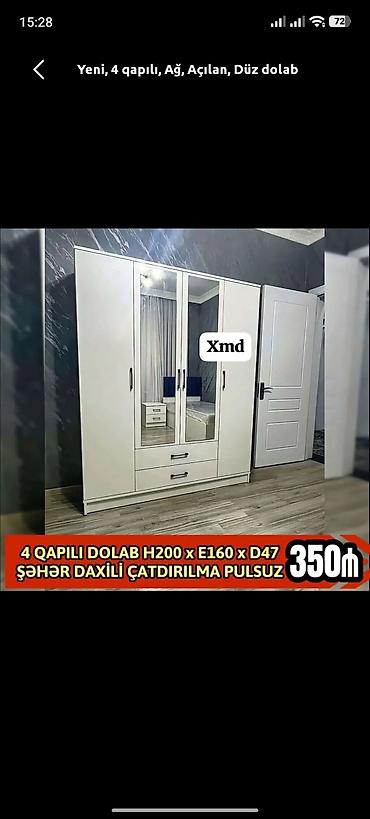 Dolablar: Yeni, 4 qapılı, Güzgülü, Ağ, Açılan, Düz dolab — 1