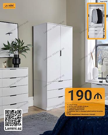 Mebel: 2 qapılı geyim dolabı – minimal dizayn, ağ rəng Xüsusiyyətlər: - — 1