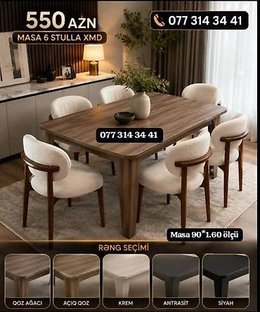 Yemək otağı dəsti – Masa + 6 stul - Ölçü: masa 90×160 sm - Komplekt