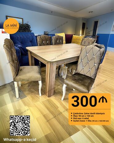 барные стулья: Qonaq otağı üçün, Açılan, Dördbucaq masa, 6 stul