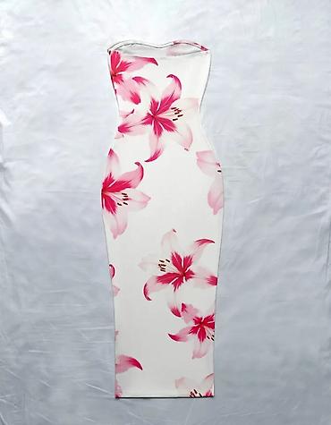 şlyapa: Ağ əsaslı, çiyin və qolsuz strapless bodycon midi don. Üzərində iri — 2