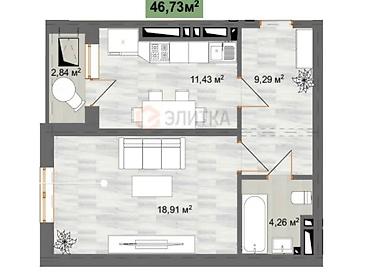 46: 1 комната, 46 м², АЮ Гранд Элитка, 13 этаж — 2