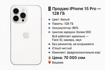iphone 15 pro новый: IPhone 15 Pro, Б/у, 128 ГБ, White Titanium, Коробка, 86 %