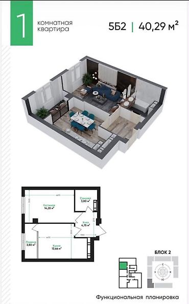 40: 1 комната, 40 м², Тунгуч мкр Элитка, 7 этаж, ПСО (под самоотделку) — 2