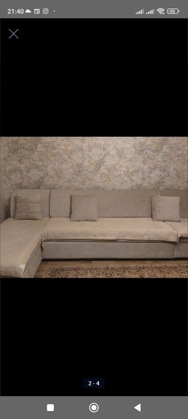 угловой диван трансформер с креслом: Угловой диван, цвет - Бежевый, Б/у