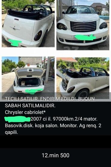 masin satilir: Açıq ağ rəngdə, 2007-ci il buraxılışı Chrysler kabriolet. Avtomobilin