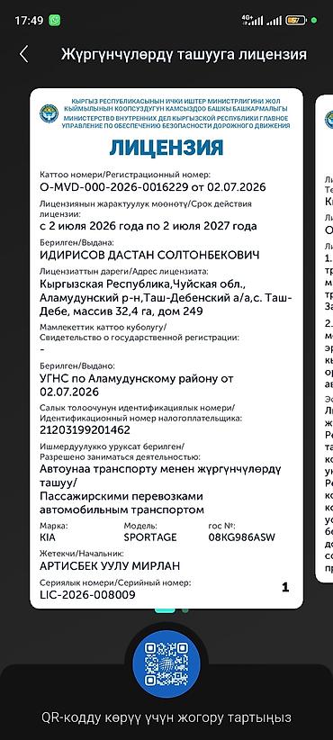 Трансфер, пассажирские перевозки: Пункт назначения: Чон-Сары-Ой, Количество мест: 4 — 2