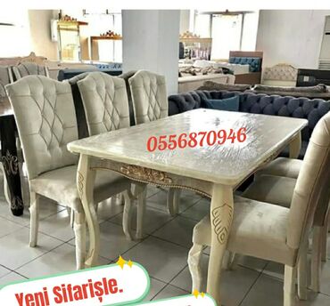 Qida məhsulları: Qonaq otağı üçün, Yeni, Açılan, Dördbucaq masa, 6 stul