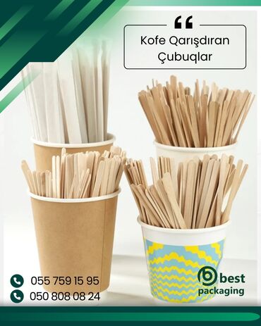 restoran qablari: Müxtəlif növlərdə taxta qəhvə qarışdıran çubuqlar. Bunlara sarğısız