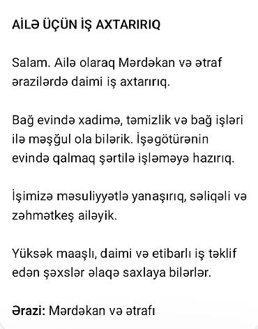 xadimə iş: Ailə üçün iş axtarılır – Mərdəkan və ətrafı - Bağ evində xadimə — 1