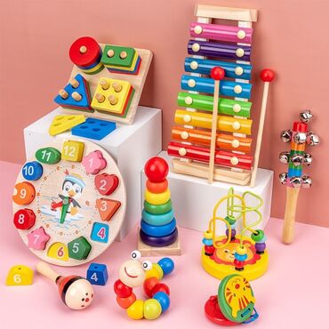 развивающие игрушки крючком: Детский развивающийся набор из дерева 
9 предметов 
Новый
