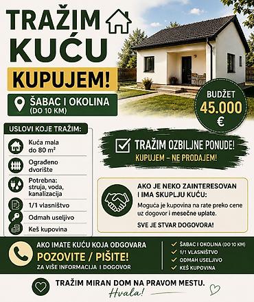 izdavanje kuća beograd: Tražim kuću – kupujem! Lokacija: Šabac i okolina (do 10 km) Budžet — 1
