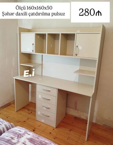 стол для руководителя: Geniş iş masası və üst hissəli rəf komplekti - Ölçü: 160 x 160 x 50