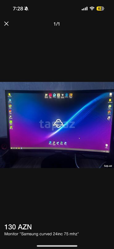 monoblok qiymetleri: Samsung curved 75mhz 24 inch monitor nokte boyda leke var zedelenib
